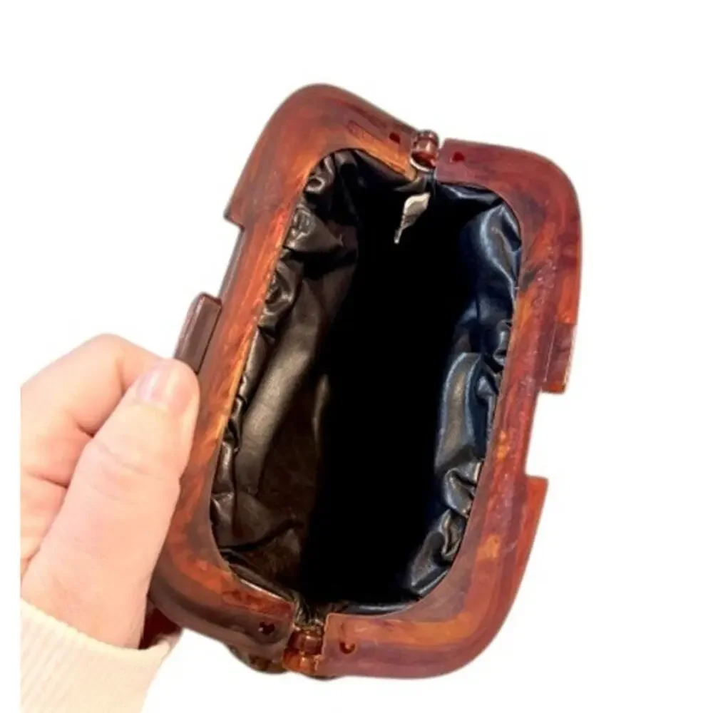 Vintage Firenze Italy Suede Leather Kiss Lock Clutch Purse Brown Marble Frame